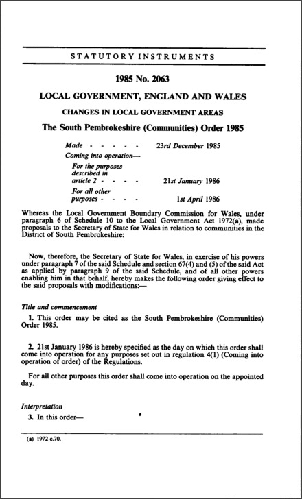 The South Pembrokeshire (Communities) Order 1985