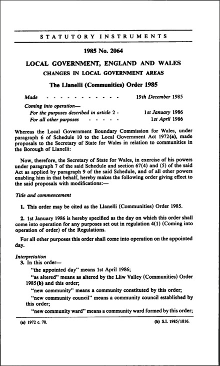 The Lianelli (Communities) Order 1985