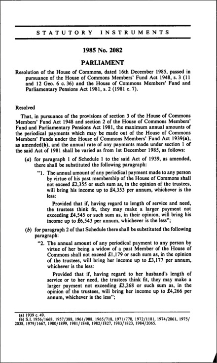 Resolution of the House of Commons, dated 16th December 1985, passed in pursuance of the House of Commons Members’ Fund Act 1948, s. 3 (11 and 12 Geo. 6 c. 36) and the House of Commons Members’ Fund and Parliamentary Pensions Act 1981, s. 2 (1981 c. 7)