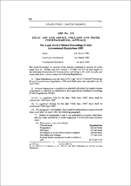 The Legal Aid in Criminal Proceedings (Costs) (Amendment) Regulations 1985