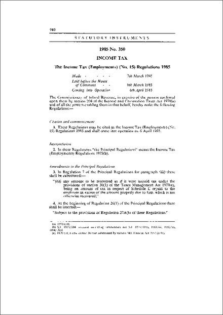 The Income Tax (Employments) (No. 15) Regulations 1985
