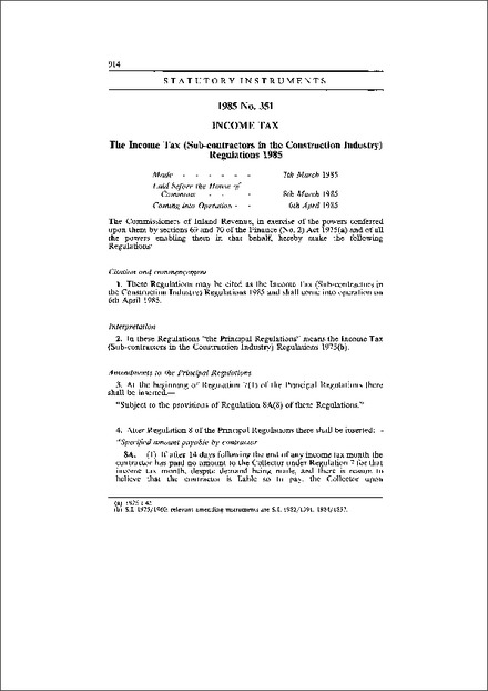 The Income Tax (Sub-contractors in the Construction Industry) Regulations 1985