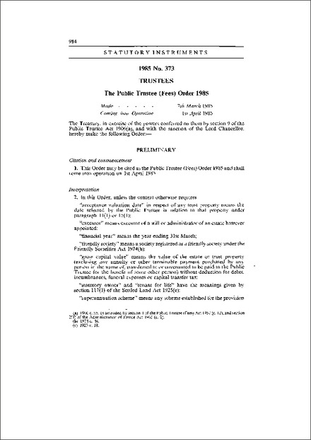 The Public Trustee (Fees) Order 1985