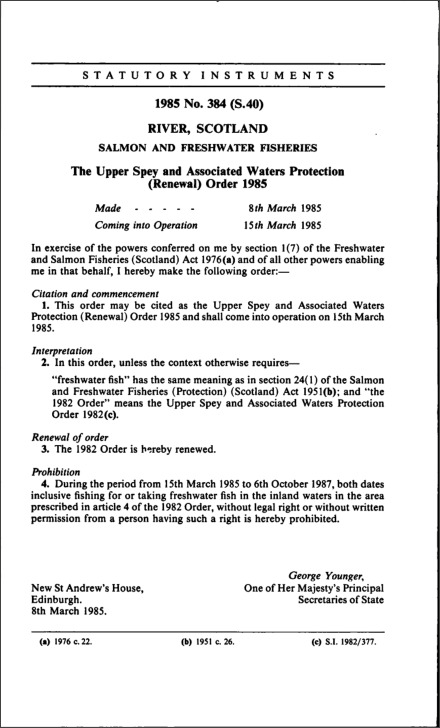 The Upper Spey and Associated Waters Protection (Renewal) Order 1985