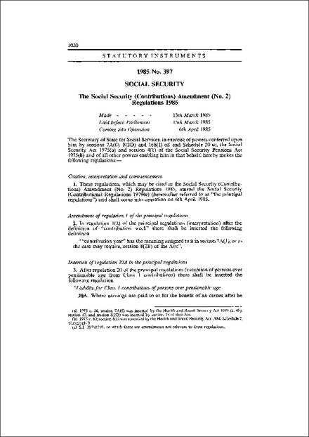 The Social Security (Contributions) Amendment (No. 2) Regulations 1985