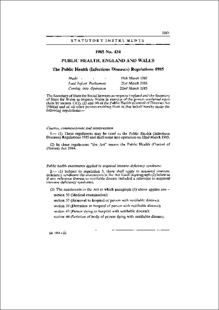 The Public Health (Infectious Diseases) Regulations 1985