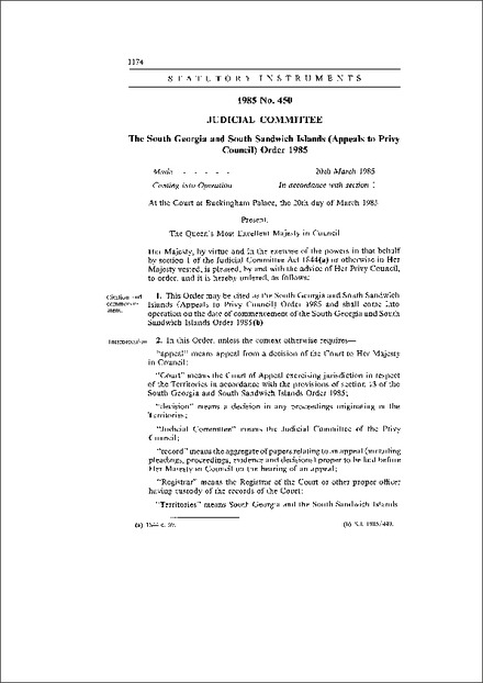 The South Georgia and South Sandwich Islands (Appeals to Privy Council) Order 1985