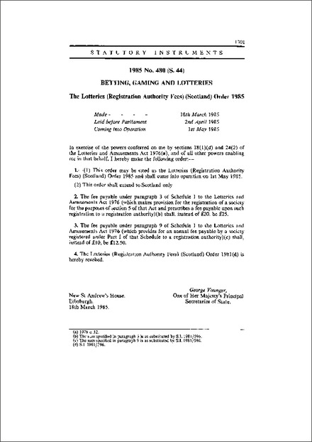 The Lotteries (Registration Authority Fees) (Scotland) Order 1985