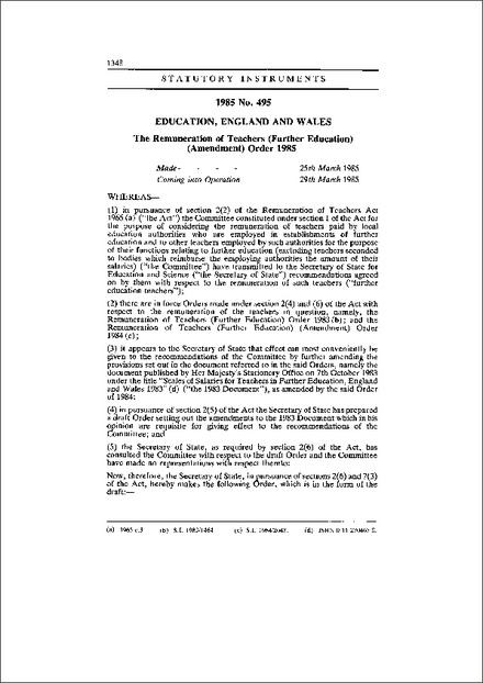 The Remuneration of Teachers (Further Education) (Amendment) Order 1985