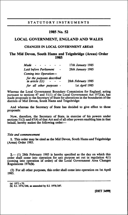 The Mid Devon, South Hams and Teignbridge (Areas) Order 1985