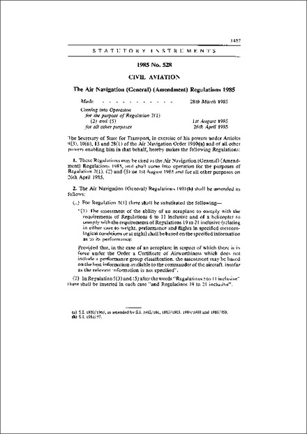 The Air Navigation (General) (Amendment) Regulations 1985