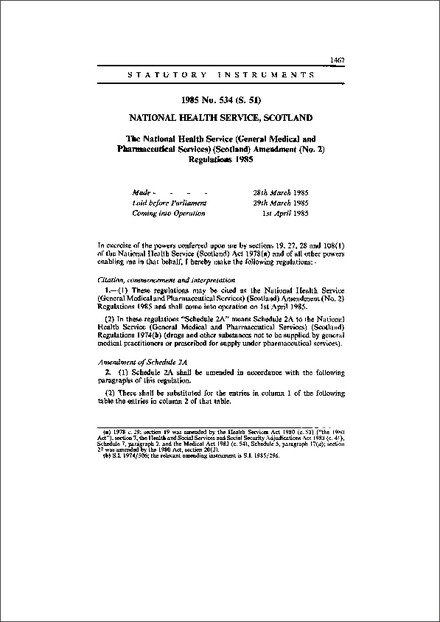 The National Health Service (General Medical and Pharmaceutical Services) (Scotland) Amendment (No. 2) Regulations 1985
