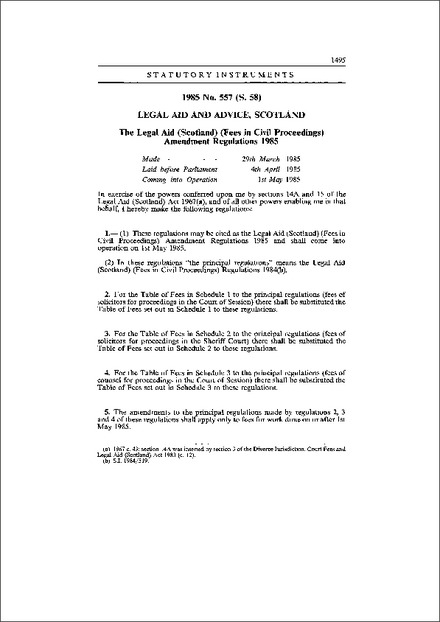 The Legal Aid (Scotland) (Fees in Civil Proceedings) Amendment Regulations 1985