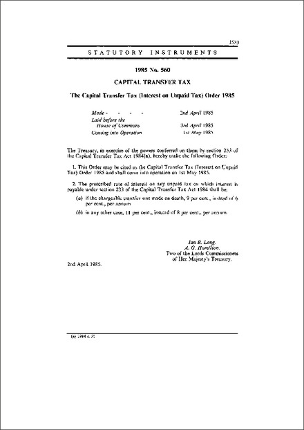 The Capital Transfer Tax (Interest on Unpaid Tax) Order 1985