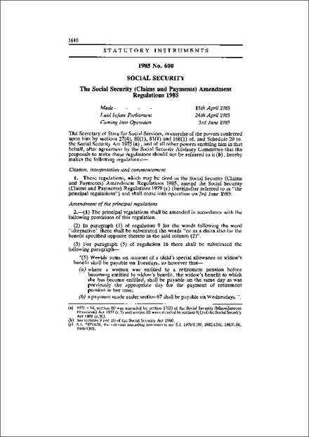The Social Security (Claims and Payments) Amendment Regulations 1985