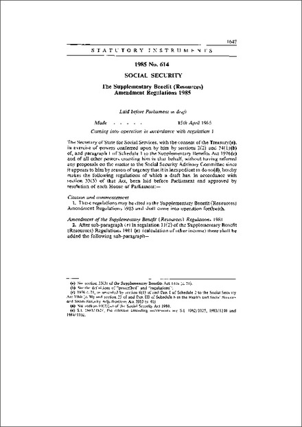 The Supplementary Benefit (Resources) Amendment Regulations 1985
