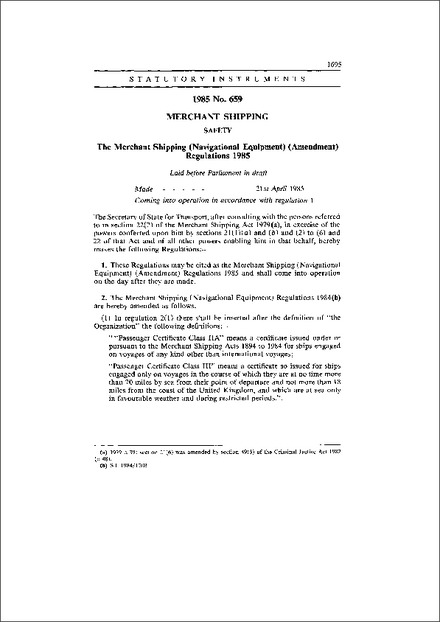 The Merchant Shipping (Navigational Equipment) (Amendment) Regulations 1985