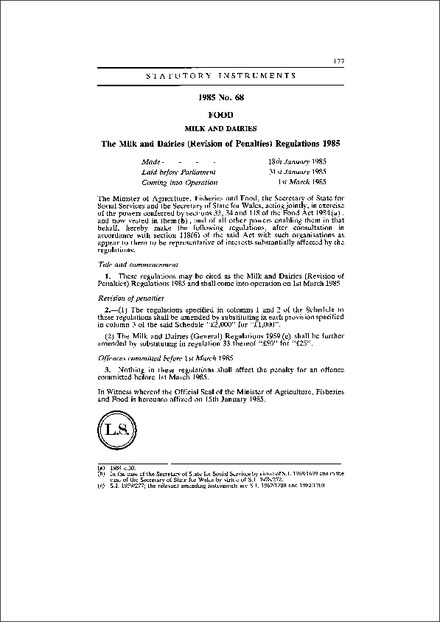 The Milk and Dairies (Revision of Penalties) Regulations 1985