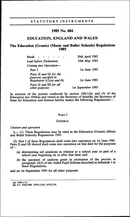 The Education (Grants) (Music and Ballet Schools) Regulations 1985