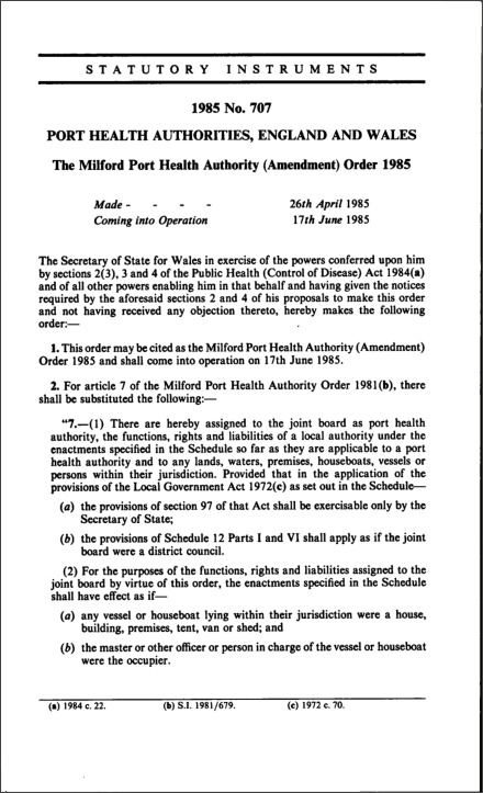 The Milford Port Health Authority (Amendment) Order 1985