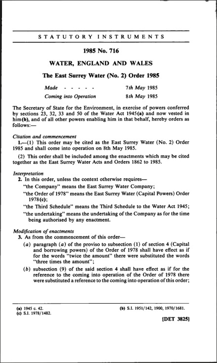 The East Surrey Water (No. 2) Order 1985