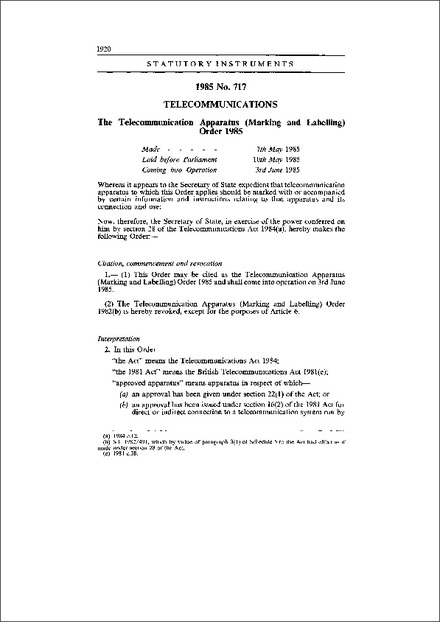 The Telecommunication Apparatus (Marking and Labelling) Order 1985