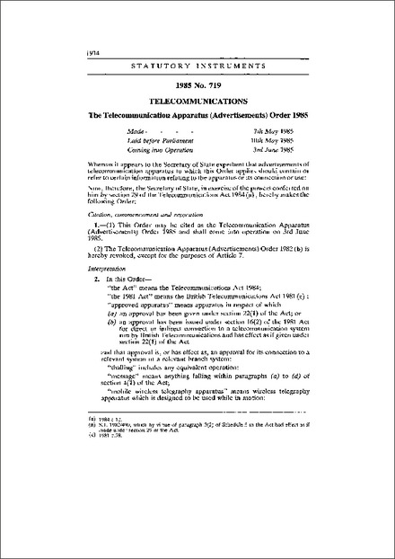 The Telecommunication Apparatus (Advertisements) Order 1985
