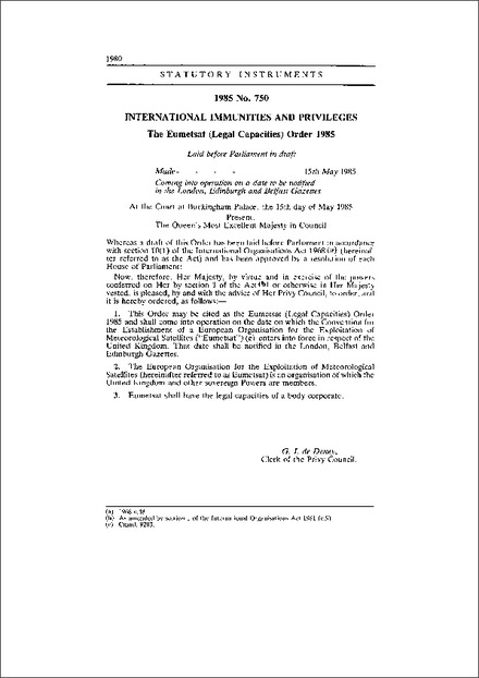 The Eumetsat (Legal Capacities) Order 1985