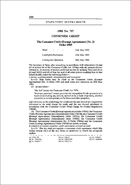 The Consumer Credit (Exempt Agreements) (No. 2) Order 1985