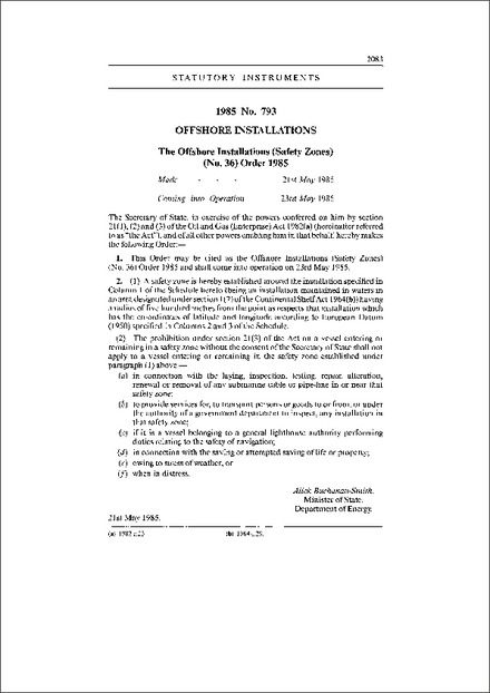 The Offshore Installations (Safety Zones) (No. 36) Order 1985