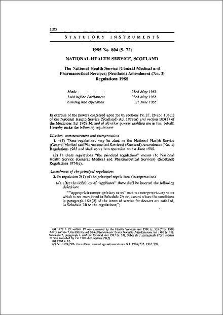 The National Health Service (General Medical and Pharmaceutical Services) (Scotland) Amendment (No. 3) Regulations 1985