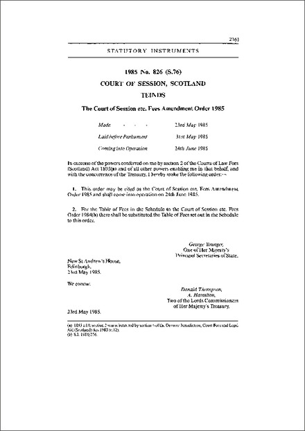The Court of Session etc. Fees Amendment Order 1985