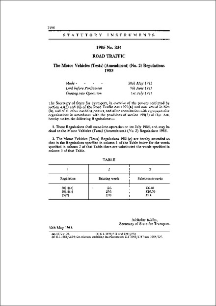 The Motor Vehicles (Tests) (Amendment) (No. 2) Regulations 1985