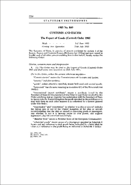 The Export of Goods (Control) Order 1985