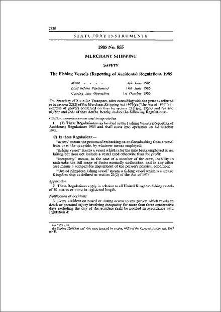 The Fishing Vessels (Reporting of Accidents) Regulations 1985