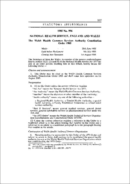 The Welsh Health Common Services Authority Constitution Order 1985