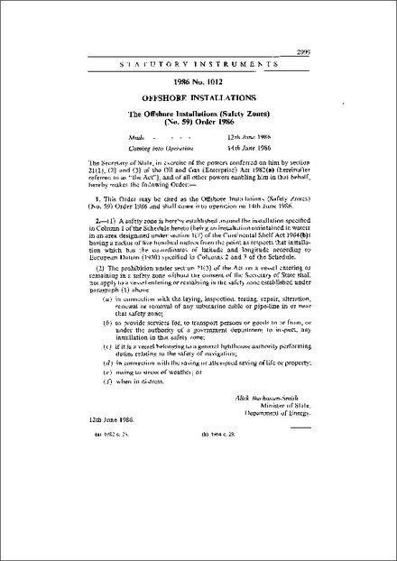 The Offshore Installations (Safety Zones) (No. 59) Order 1986