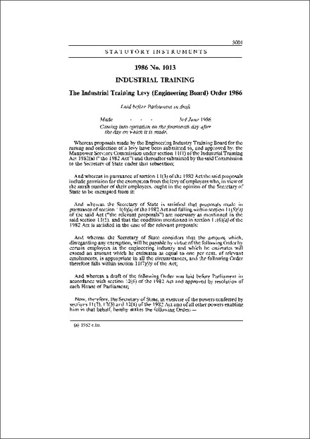 The Industrial Training Levy (Engineering Board) Order 1986