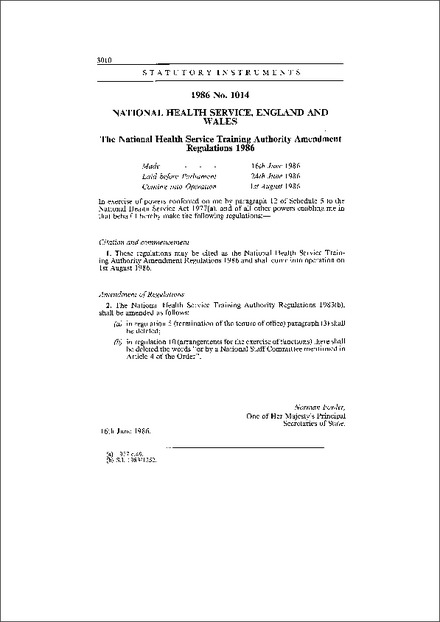 The National Health Service Training Authority Amendment Regulations 1986