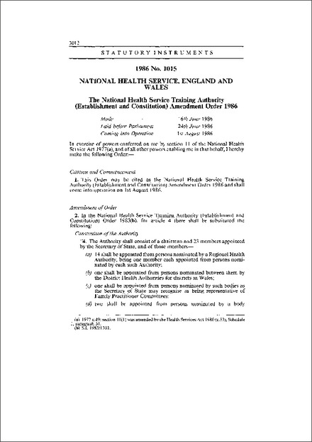 The National Health Service Training Authority (Establishment and Constitution) Amendment Order 1986