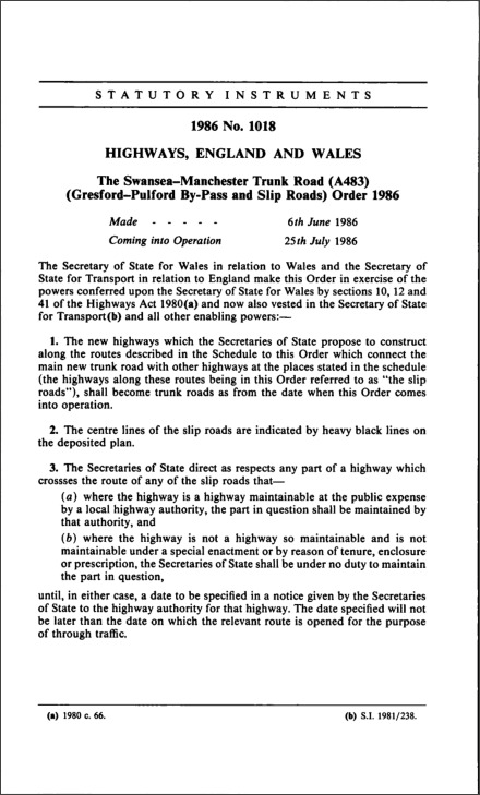 The Swansea—Manchester Trunk Road (A483) (Gresford—Pulford By-Pass and Slip Roads) Order 1986