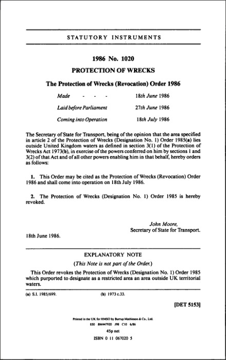 The Protection of Wrecks (Revocation) Order 1986