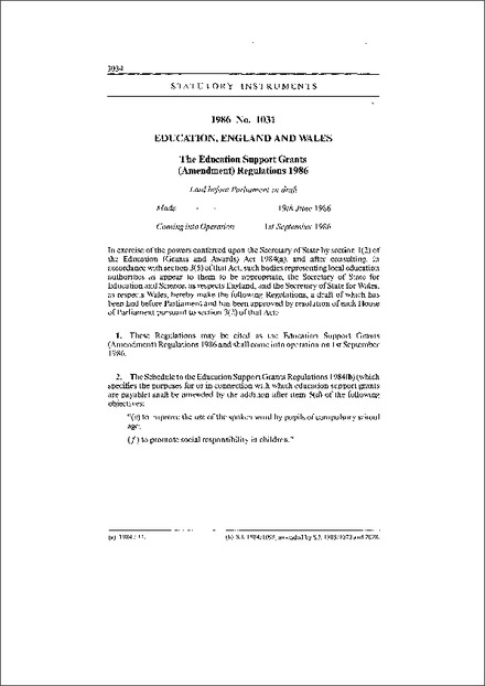 The Education Support Grants (Amendment) Regulations 1986