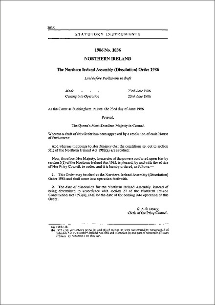 The Northern Ireland Assembly (Dissolution) Order 1986