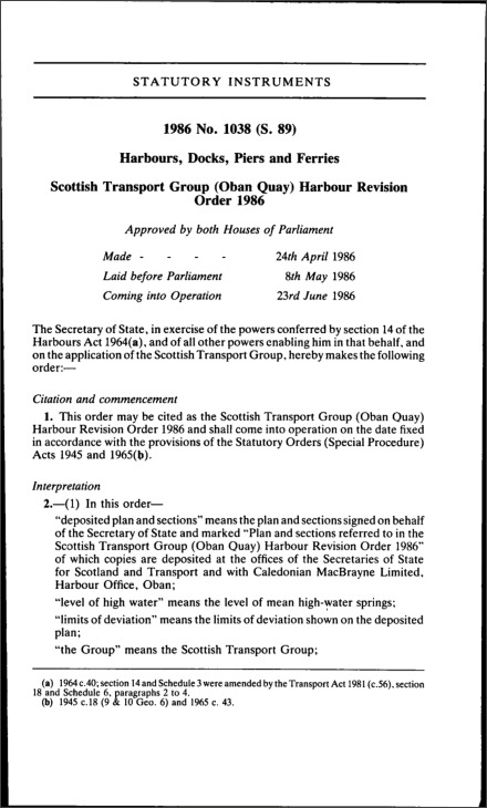 Scottish Transport Group (Oban Quay) Harbour Revision Order 1986