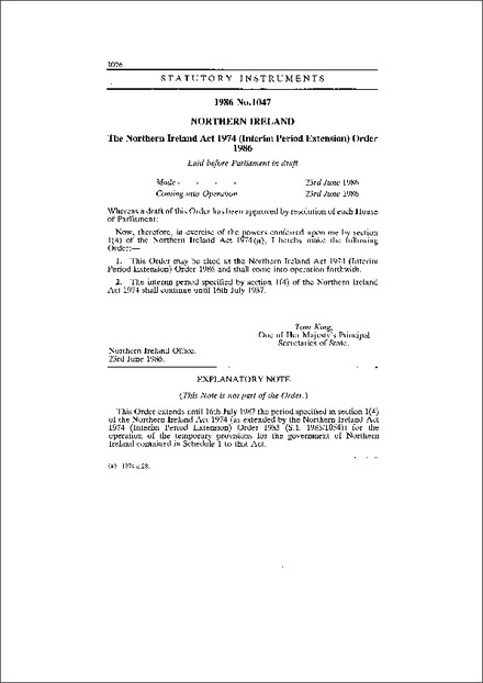 The Northern Ireland Act 1974 (Interim Period Extension) Order 1986