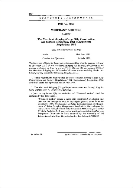 The Merchant Shipping (Cargo Ship Construction and Survey) Regulations 1984 (Amendment) Regulations 1986