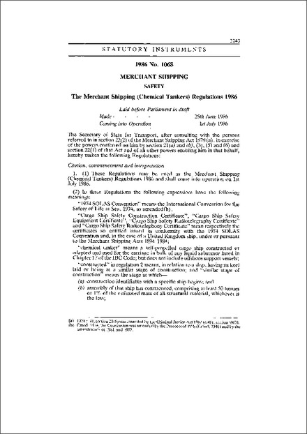 The Merchant Shipping (Chemical Tankers) Regulations 1986