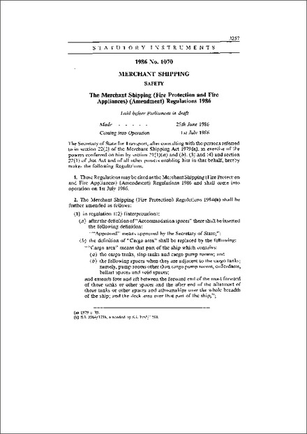 The Merchant Shipping (Fire Protection and Fire Appliances) (Amendment) Regulations 1986
