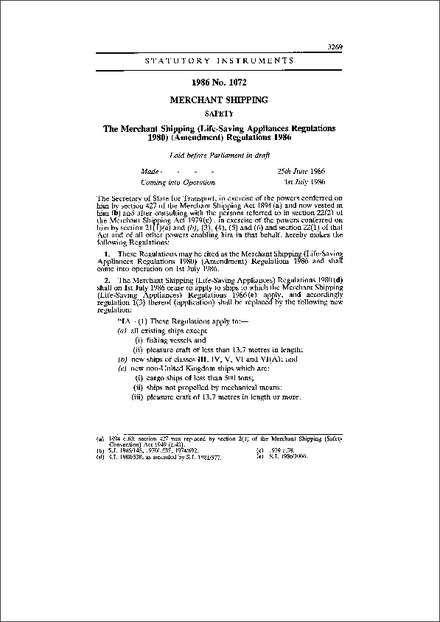The Merchant Shipping (Life-Saving Appliances Regulations 1980) (Amendment) Regulations 1986